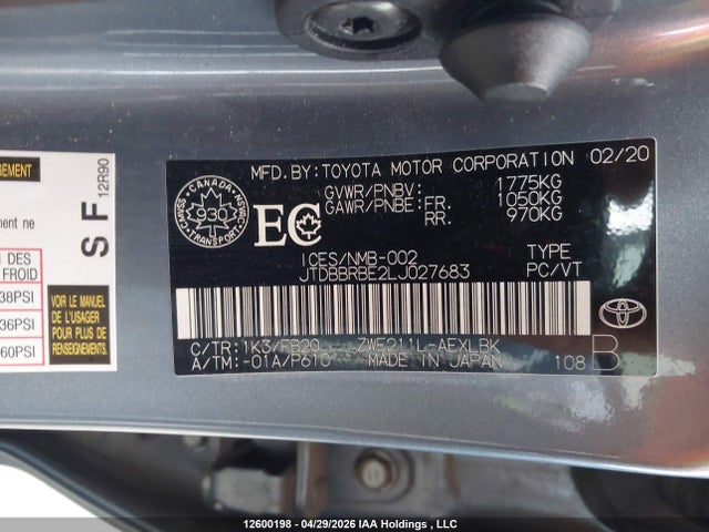 2020 Toyota Corolla Hybrid მანქანა იყიდება აუქციონზე, vin: JTDBBRBE2LJ027683, აუქციონის ნომერი: 12600198