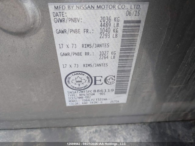 12589562 :رقم المزاد ، 5N1AT2MT5FC886119 vin ، 2015 Nissan Rogue S/sv مزاد بيع