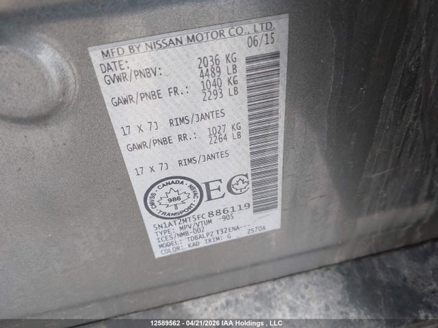 12589562 :رقم المزاد ، 5N1AT2MT5FC886119 vin ، 2015 Nissan Rogue S/sv مزاد بيع