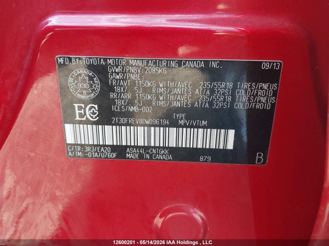 12600201 :رقم المزاد ، 2T3DFREV8DW096194 vin ، 2013 Toyota Rav4 Limited مزاد بيع