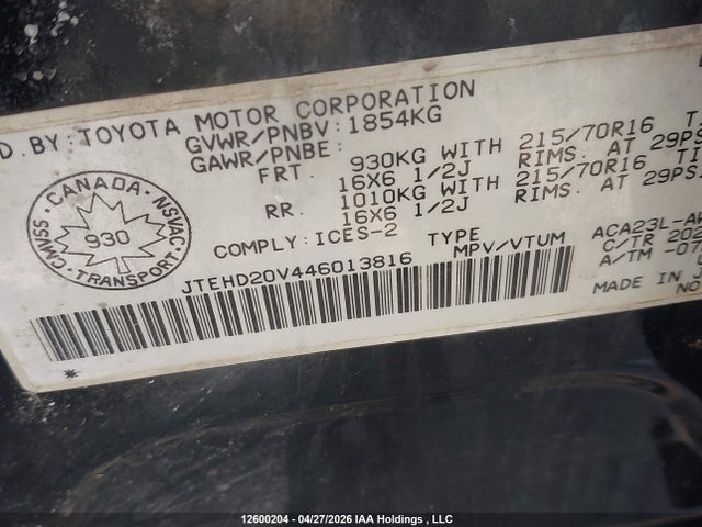 12600204 :رقم المزاد ، JTEHD20V446013816 vin ، 2004 Toyota Rav4 مزاد بيع