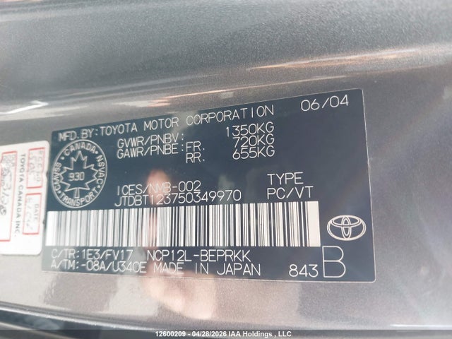 12600209 :رقم المزاد ، JTDBT123750349970 vin ، 2005 Toyota Echo مزاد بيع