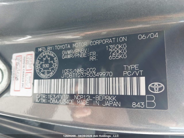 12600209 :رقم المزاد ، JTDBT123750349970 vin ، 2005 Toyota Echo مزاد بيع