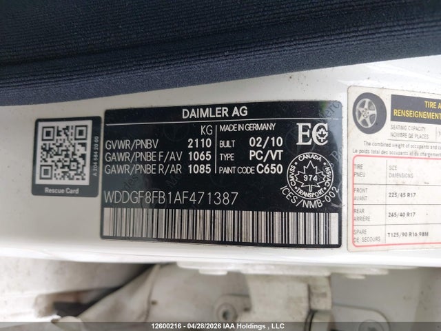 Aukcja sprzedaży 2010 Mercedes-benz C 250 4matic, vin: WDDGF8FB1AF471387, numer aukcji: 12600216