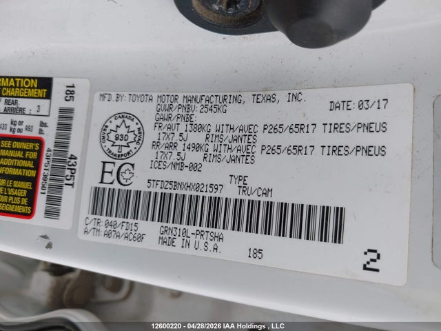 5TFDZ5BNXHX021597 Toyota Tacoma Dbl Cab/sr5/trd Sport/or