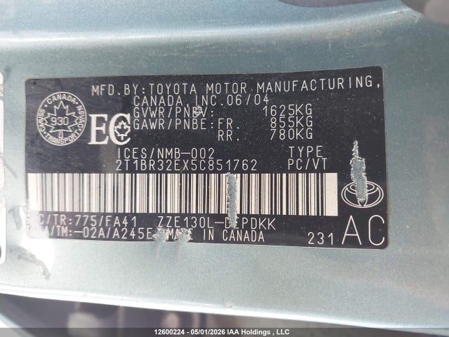 12600224 :رقم المزاد ، 2T1BR32EX5C851762 vin ، 2005 Toyota Corolla Ce/le/s مزاد بيع
