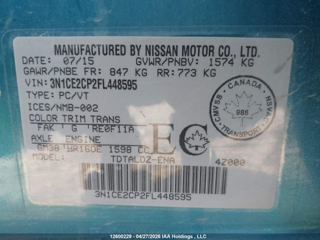 3N1CE2CP2FL448595 Nissan Versa Note S/s Plus/sv/sl/sr
