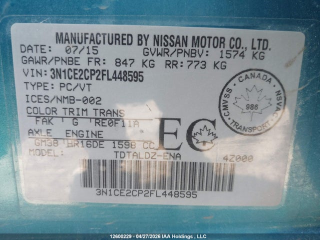 3N1CE2CP2FL448595 Nissan Versa Note S/s Plus/sv/sl/sr