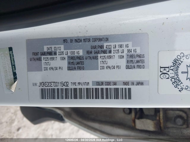 12600236 :رقم المزاد ، JM3KE2CE7D0115432 vin ، 2013 Mazda Cx-5 مزاد بيع