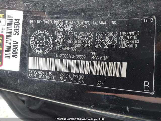 2014 Toyota Sienna Sport მანქანა იყიდება აუქციონზე, vin: 5TDXK3DC7ES438632, აუქციონის ნომერი: 12600237
