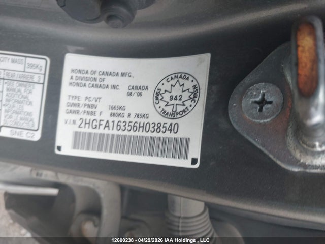 Продаж на аукціоні авто 2006 Honda Civic Dx-g, vin: 2HGFA16356H038540, номер лоту: 12600238