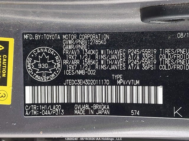 12600240 :رقم المزاد ، JTEDC3EH3D2011170 vin ، 2013 Toyota Highlander Hybrid Limited مزاد بيع