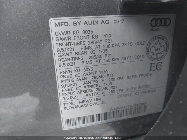 Aukcja sprzedaży 2018 Audi Q7 3.0t Technik, vin: WA1WAAF78JD012953, numer aukcji: 12600241