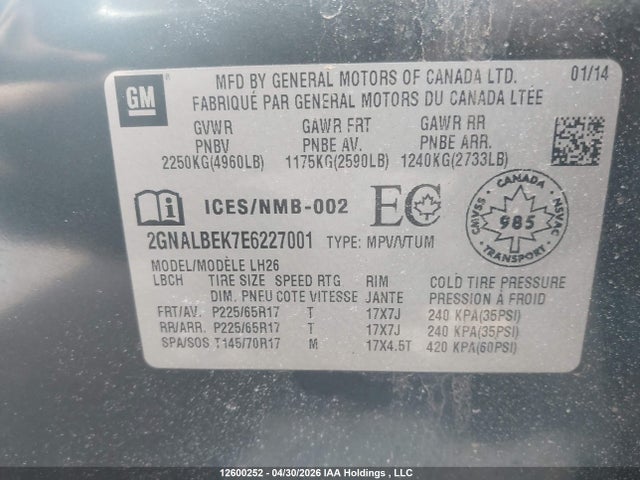Aukcja sprzedaży 2014 Chevrolet Equinox 1lt, vin: 2GNALBEK7E6227001, numer aukcji: 12600252