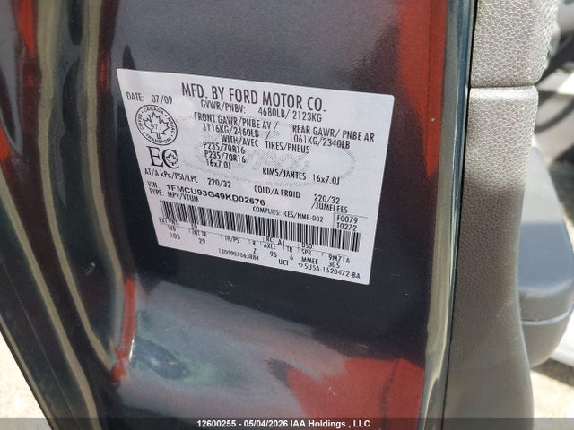 Продаж на аукціоні авто 2009 Ford Escape Xlt Automatic, vin: 1FMCU93G49KD02676, номер лоту: 12600255