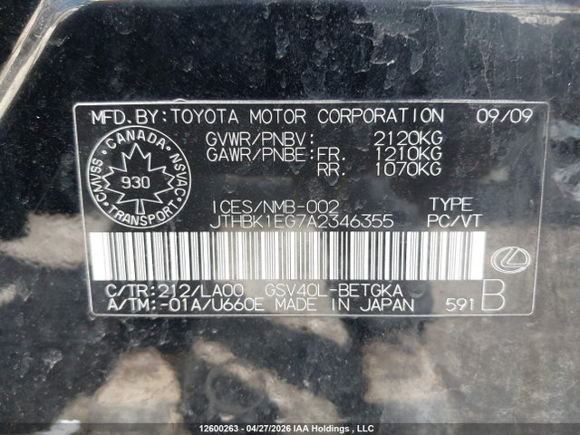 Aukcja sprzedaży 2010 Lexus Es 350 350, vin: JTHBK1EG7A2346355, numer aukcji: 12600263