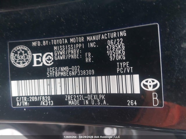 5YFBPMBE6NP338309 Toyota COROLLA LE