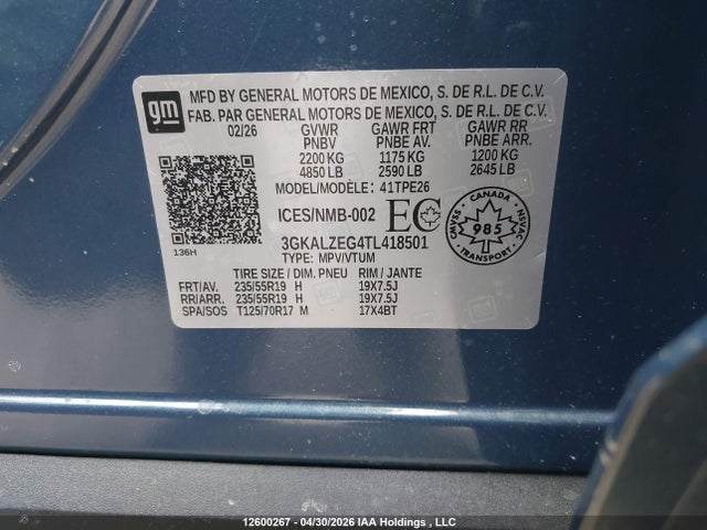 12600267 :رقم المزاد ، 3GKALZEG4TL418501 vin ، 2026 Gmc Terrain Denali Awd مزاد بيع
