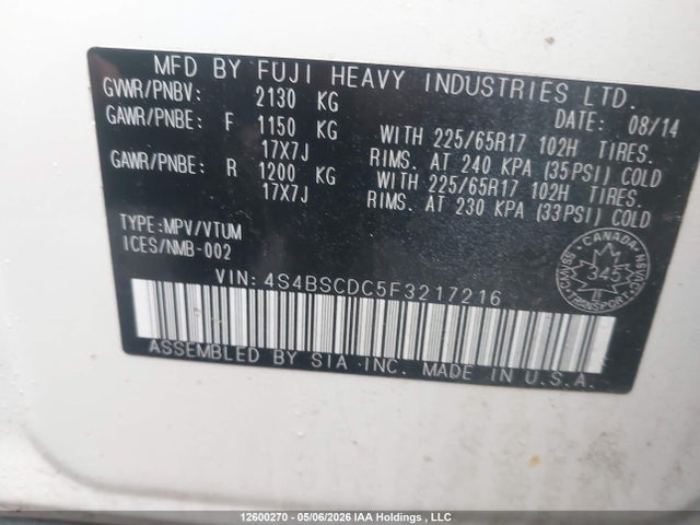 Aukcja sprzedaży 2015 Subaru Outback 2.5i Touring Package, vin: 4S4BSCDC5F3217216, numer aukcji: 12600270