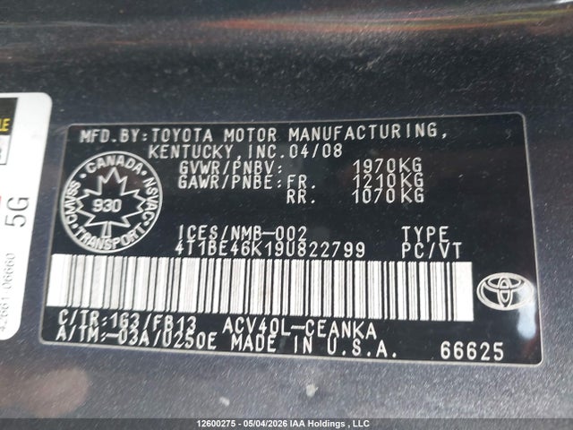 2009 Toyota Camry Le მანქანა იყიდება აუქციონზე, vin: 4T1BE46K19U822799, აუქციონის ნომერი: 12600275