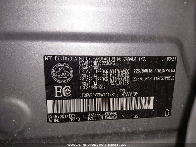 12600276 :رقم المزاد ، 2T3RWRFVXMW114781 vin ، 2021 Toyota Rav4 Hybrid Xle مزاد بيع