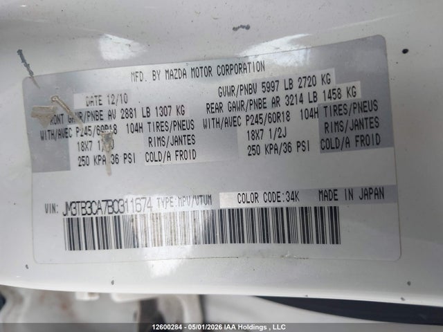 Aukcja sprzedaży 2011 Mazda Cx-9, vin: JM3TB3CA7B0311674, numer aukcji: 12600284