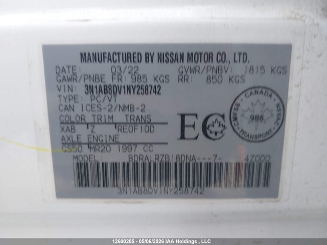 Aukcja sprzedaży 2022 Nissan Sentra Sr/sr Midnight Edition, vin: 3N1AB8DV1NY258742, numer aukcji: 12600285