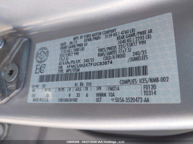 12600286 :رقم المزاد ، 1FMCU9GX7FUC83874 vin ، 2015 Ford Escape Se مزاد بيع
