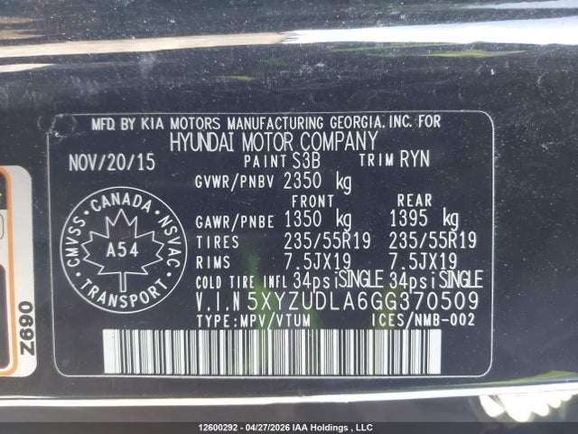 5XYZUDLA6GG370509 Hyundai SANTA FE SPORT