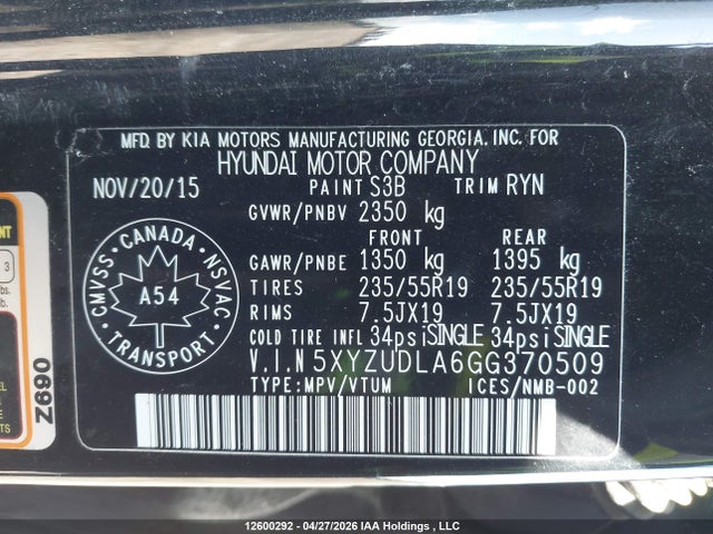5XYZUDLA6GG370509 Hyundai SANTA FE SPORT