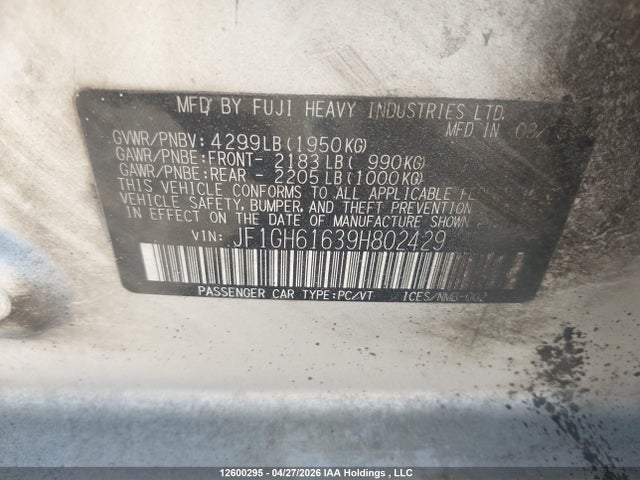 Продаж на аукціоні авто 2009 Subaru Impreza Wagon I, vin: JF1GH61639H802429, номер лоту: 12600295
