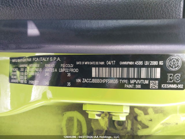 Aukcja sprzedaży 2017 Jeep Renegade Latitude, vin: ZACCJBBB0HPF58635, numer aukcji: 12600296