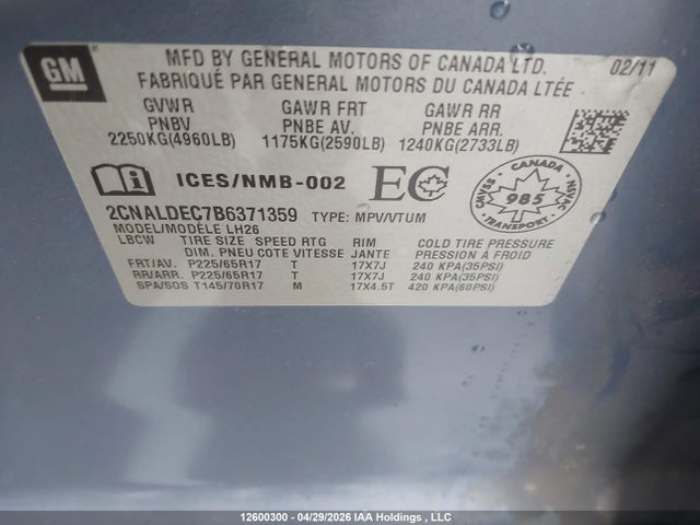 2011 Chevrolet Equinox Lt მანქანა იყიდება აუქციონზე, vin: 2CNALDEC7B6371359, აუქციონის ნომერი: 12600300