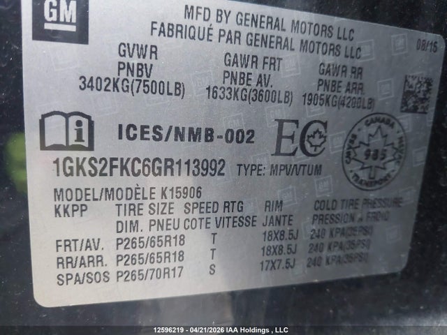 Aukcja sprzedaży 2016 Gmc Yukon Xl Sle, vin: 1GKS2FKC6GR113992, numer aukcji: 12596219