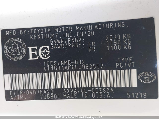 4T1G11AK6LU983552 Toyota Camry Se/se Night Shade