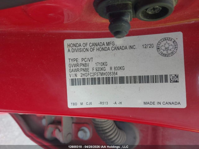 Aukcja sprzedaży 2021 Honda Civic Lx, vin: 2HGFC2F57MH006364, numer aukcji: 12600318