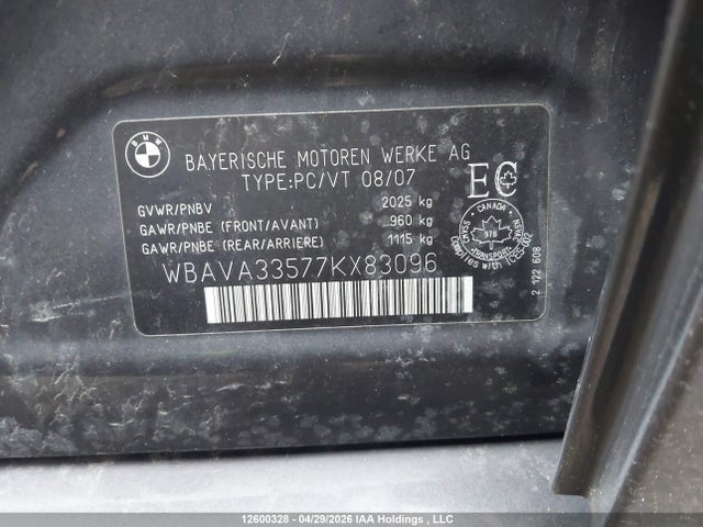 12600328 :رقم المزاد ، WBAVA33577KX83096 vin ، 2007 Bmw 328i مزاد بيع