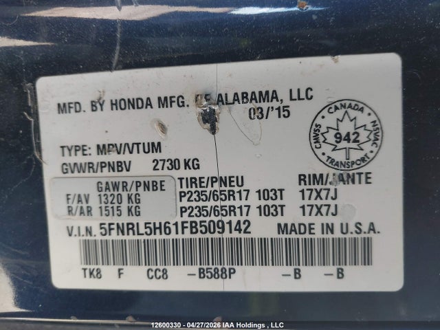 5FNRL5H61FB509142 Honda Odyssey Ex-l