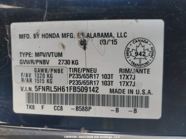 5FNRL5H61FB509142 Honda Odyssey Ex-l