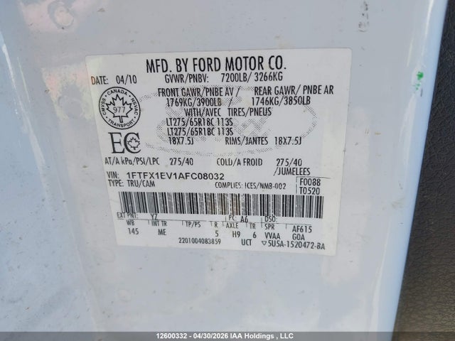 Продаж на аукціоні авто 2010 Ford F-150 Fx4/lariat/svt Raptor/xl/xlt, vin: 1FTFX1EV1AFC08032, номер лоту: 12600332