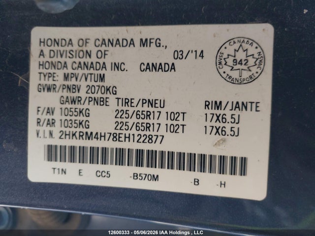 2HKRM4H78EH122877 Honda Cr-v Ex-l