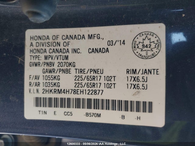 2HKRM4H78EH122877 Honda Cr-v Ex-l