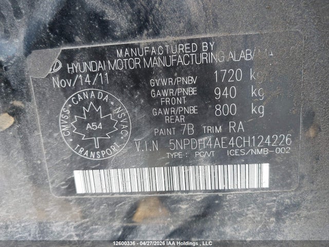 12600336 :رقم المزاد ، 5NPDH4AE4CH124226 vin ، 2012 Hyundai Elantra Gl مزاد بيع