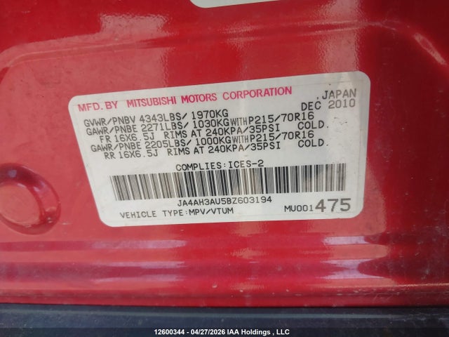 12600344 :رقم المزاد ، JA4AH3AU5BZ603194 vin ، 2011 Mitsubishi Rvr Se مزاد بيع