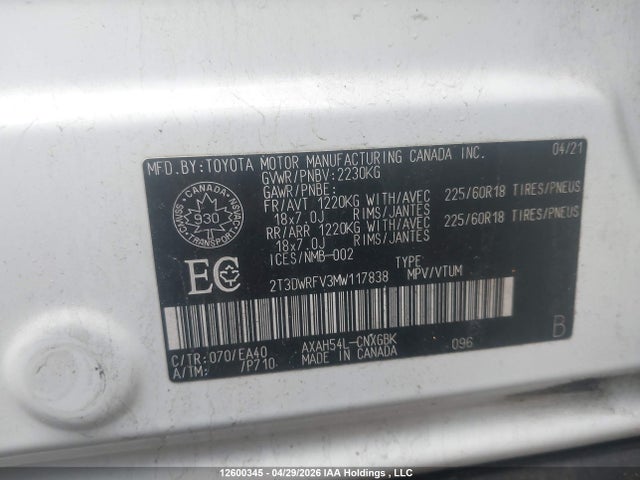 Продаж на аукціоні авто 2021 Toyota Rav4 Hybrid, vin: 2T3DWRFV3MW117838, номер лоту: 12600345