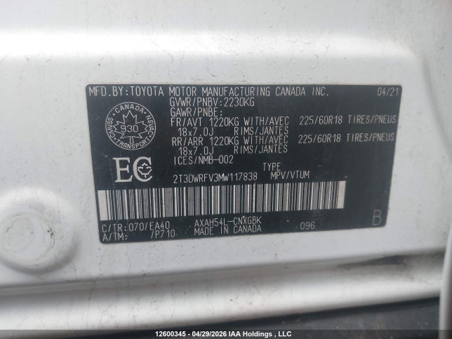 Продаж на аукціоні авто 2021 Toyota Rav4 Hybrid, vin: 2T3DWRFV3MW117838, номер лоту: 12600345