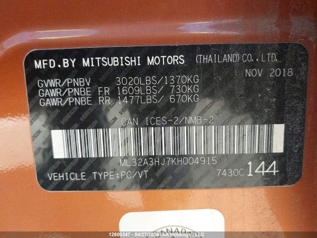 2019 Mitsubishi Mirage Es/rf მანქანა იყიდება აუქციონზე, vin: ML32A3HJ7KH004915, აუქციონის ნომერი: 12600347