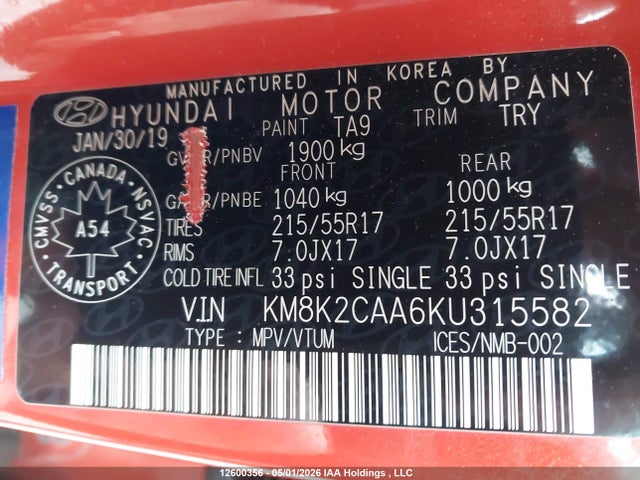 12600356 :رقم المزاد ، KM8K2CAA6KU315582 vin ، 2019 Hyundai Kona Sel مزاد بيع
