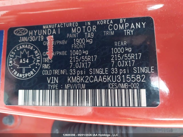 12600356 :رقم المزاد ، KM8K2CAA6KU315582 vin ، 2019 Hyundai Kona Sel مزاد بيع