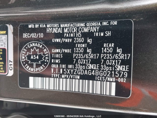 2011 Hyundai Santa Fe Gls მანქანა იყიდება აუქციონზე, vin: 5XYZGDAG4BG021579, აუქციონის ნომერი: 12600360